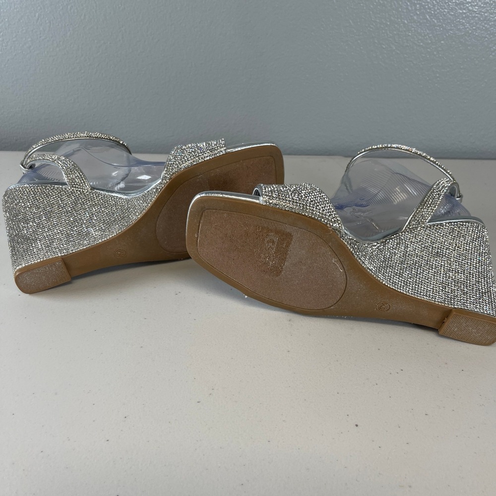 Steve Madden Sophey Sz 10 Silver Rhinestone Wedge Sandals Ankle Strap Sparkly - Picture 9 of 13